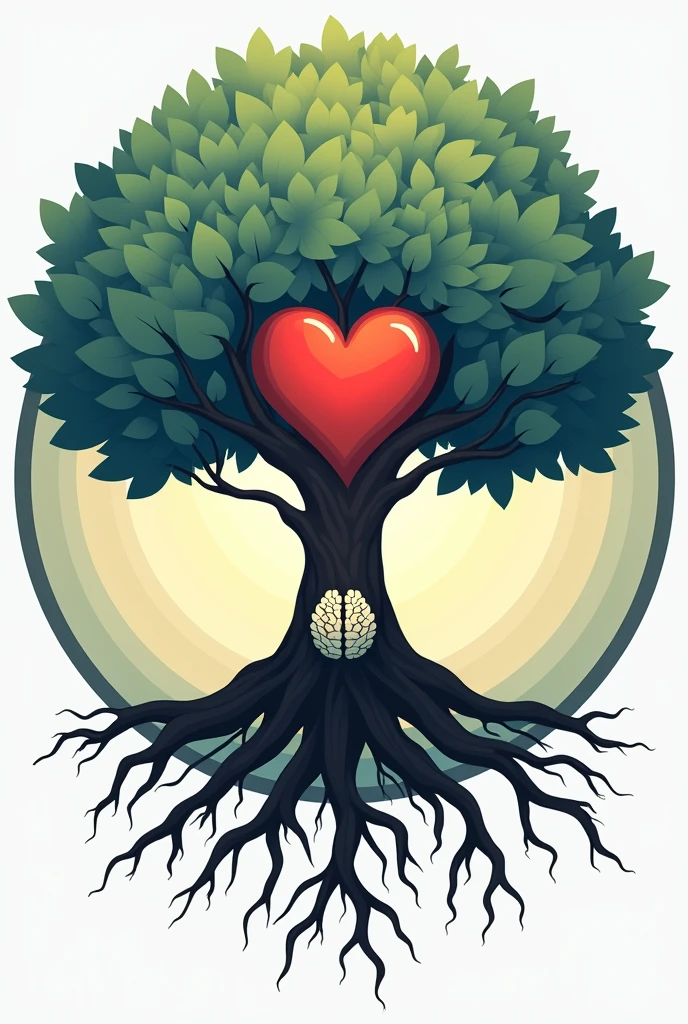 The image shows a circular logo with a central design of a stylized tree. The tree has a robust trunk and roots that extend downwards., ending in a red heart in the center of the roots. The branches of the tree are full of rounded leaves, greenish blue.

In the center of the tree trunk is a small design that appears to represent a stylized human brain., suggesting a connection with the mind or knowledge.

around the tree, on top
