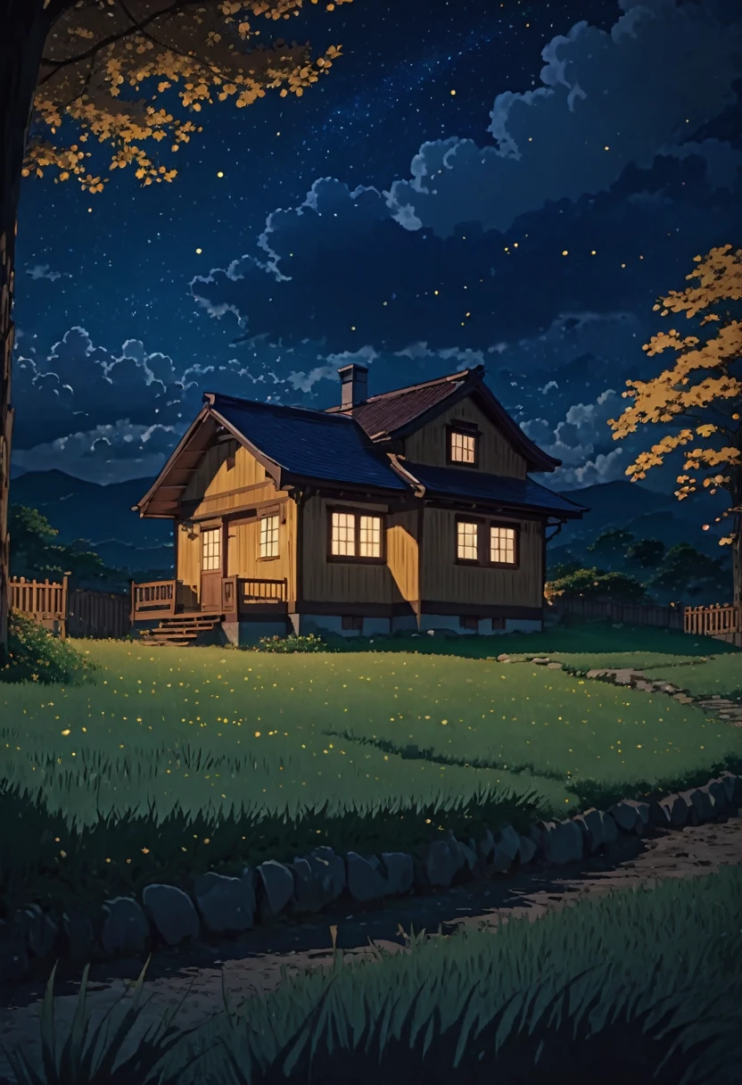 masterpiece!!!! 8k an anime GHIBLI STYLE cabin!!!!! The image shows a serene night scene of a house under a tree clouds hill golden clouds lighting anime 8k l fireflies grass night stylo anime ghibli, under tree, boil a night sky, clouds animated lighting!!!!!! and shadow, firefly golden leaves
