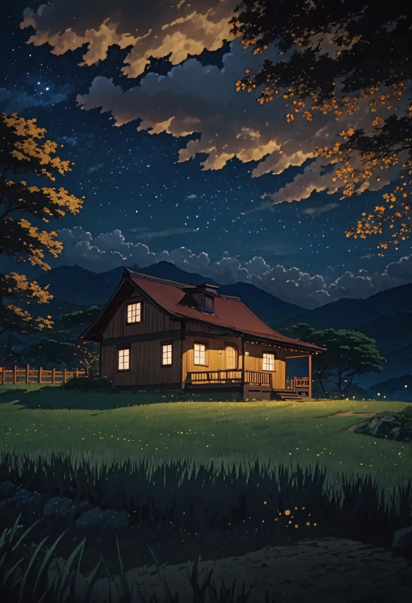 masterpiece!!!! 8k an anime GHIBLI STYLE cabin!!!!! The image shows a serene night scene of a house under a tree clouds hill golden clouds lighting anime 8k l fireflies grass night stylo anime ghibli, under tree, boil a night sky, clouds animated lighting!!!!!! and shadow, firefly golden leaves