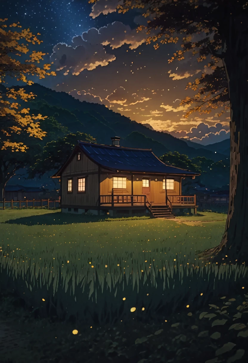 masterpiece!!!! 8k an anime GHIBLI STYLE cabin!!!!! The image shows a serene night scene of a house under a tree clouds hill golden clouds lighting anime 8k l fireflies grass night stylo anime ghibli, under tree, boil a night sky, clouds animated lighting!!!!!! and shadow, firefly golden leaves