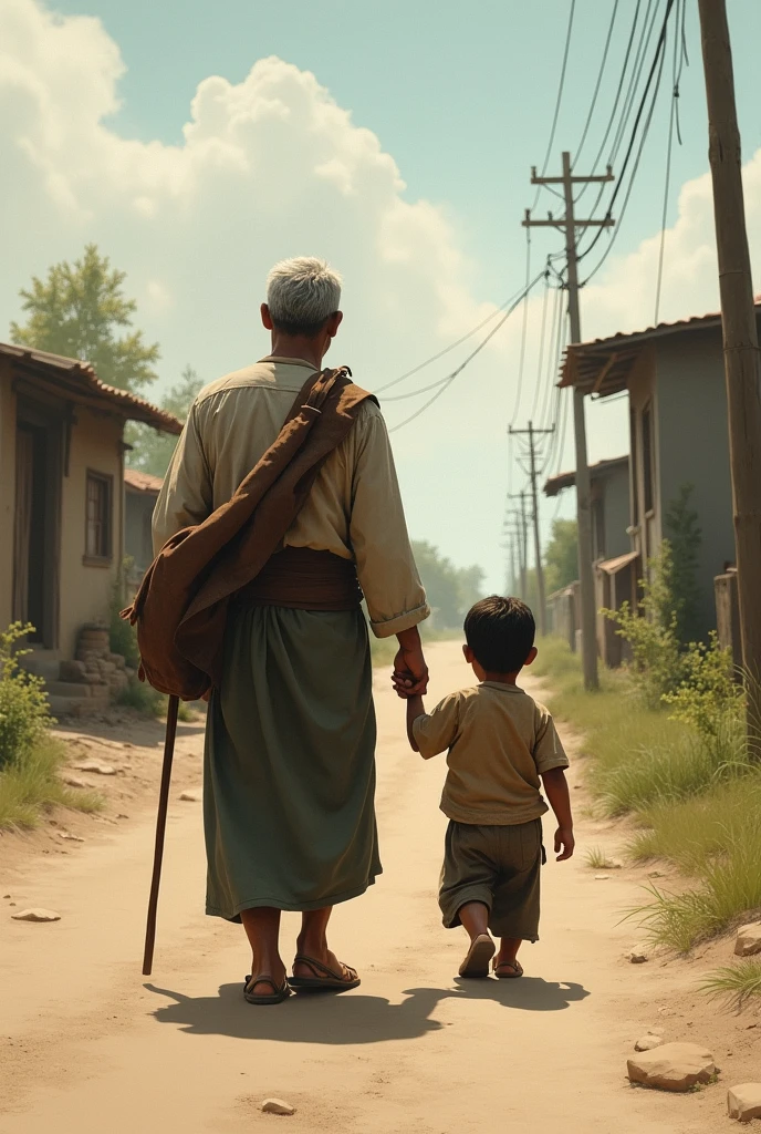 A Poor father walking with his son in road