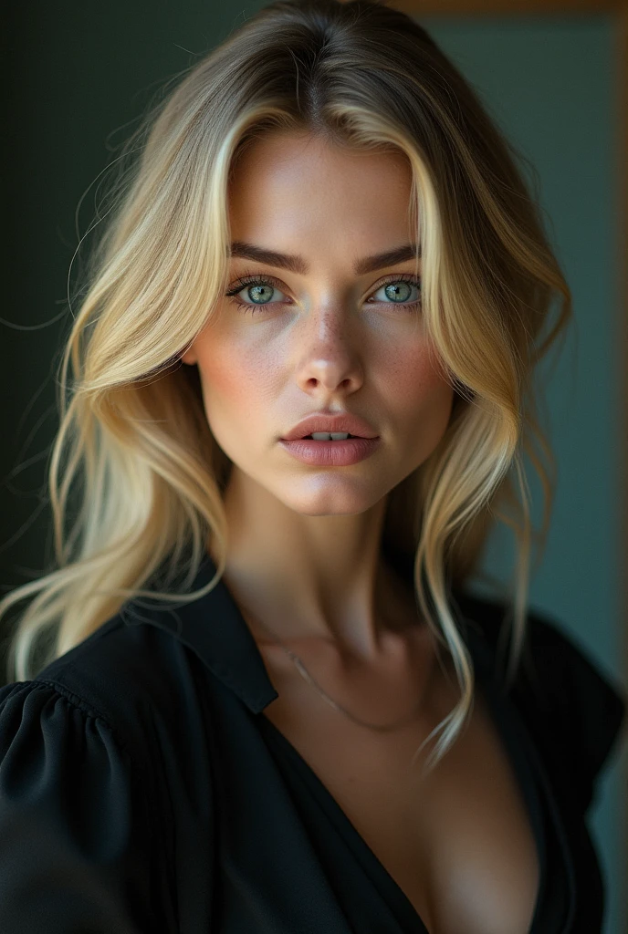 Pretty American woman, 2, white skin, blonde hair, cold personality, perfect facial features, random clothes, aesthetic background