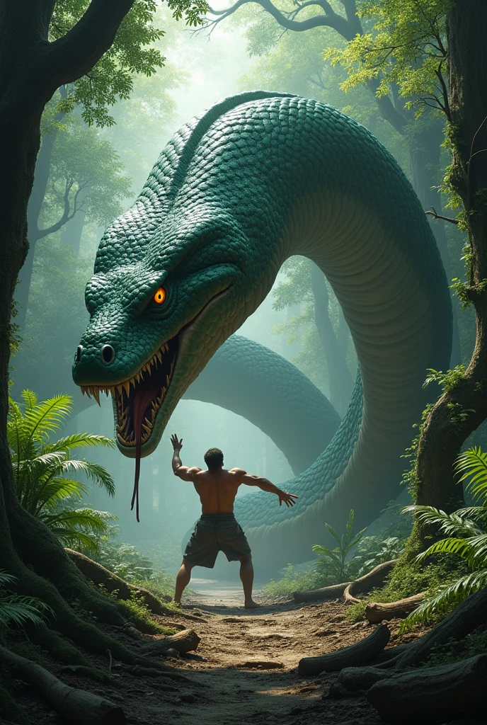 A large gigantic Snake attacks a man in forest 
