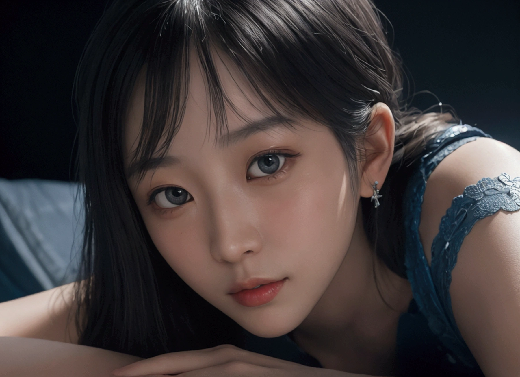 A close-up of a woman in a silver and blue dress, Cheng Weipan on the art station, by Yang J. Natural light, Pierre Auguste Renoir, face close-up, head close-up, digital SLR camera shooting, portrait, high purity tone, unreal engine, best quality, best. HDR (high dynamic range), ray tracing, NVIDIA RTX, super resolution, illusion 5, subsurface scattering, PBR texture, post-processing, anisotropic filtering, depth of field, maximum definition and sharpness, multi-layer texture, albedo and highlight map, surface coloring, accurate simulation of optical material interaction, perfect proportion, octane number rendering, two-color lighting, large aperture, low ISO, white balance, and sharpness.