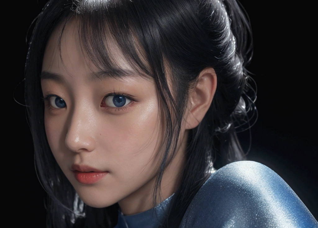 A close-up of a woman in a silver and blue dress, Cheng Weipan on the art station, by Yang J. Natural light, Pierre Auguste Renoir, face close-up, head close-up, digital SLR camera shooting, portrait, high purity tone, unreal engine, best quality, best. HDR (high dynamic range), ray tracing, NVIDIA RTX, super resolution, illusion 5, subsurface scattering, PBR texture, post-processing, anisotropic filtering, depth of field, maximum definition and sharpness, multi-layer texture, albedo and highlight map, surface coloring, accurate simulation of optical material interaction, perfect proportion, octane number rendering, two-color lighting, large aperture, low ISO, white balance, and sharpness.