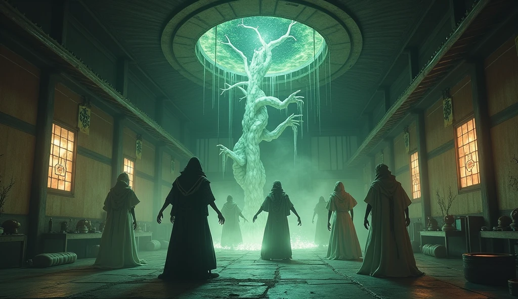 A fantastical Japanese-style room from another world、Place々Creepy、People in strange costumes々、Mysterious Ritual、Draw from a perspective looking from behind、Adding a spooky feeling