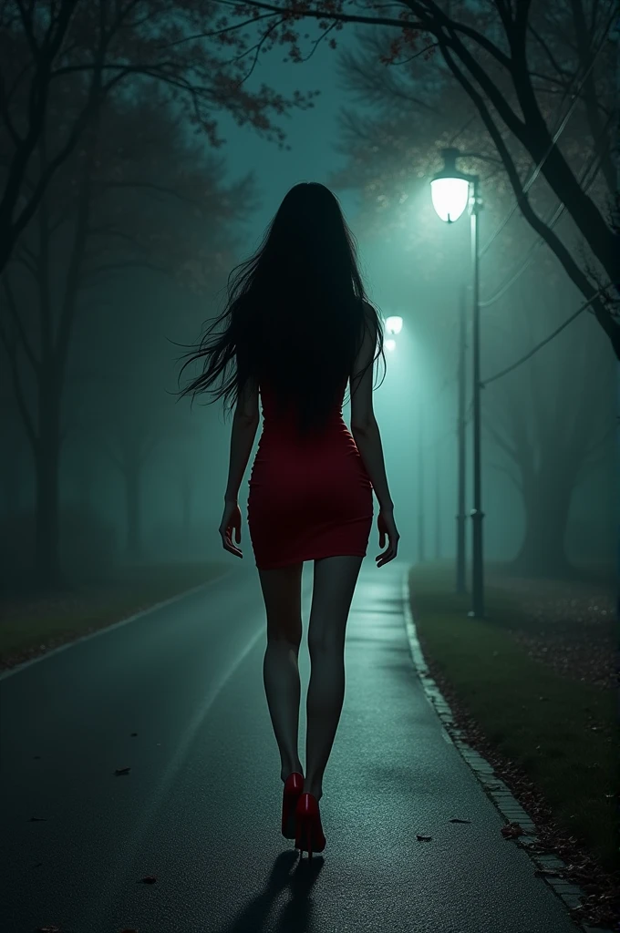A mafia girl with long black hair,long legs, wearing a red dress walking on a night road in the park
