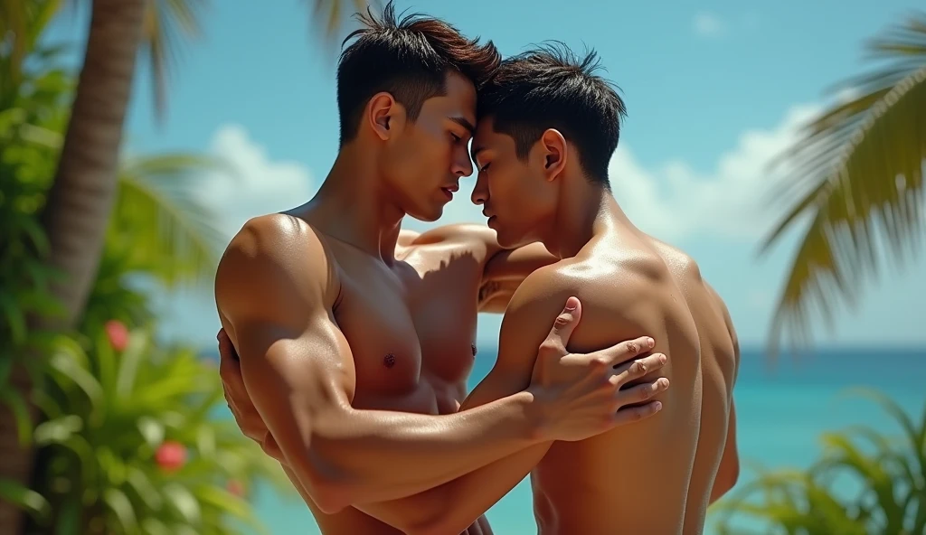 Create a realistic 64k photo of two handsome, strong-looking Thai male agers with a well-proportioned six-pack, tanned skin, wearing bikini underwear, hugging each other.