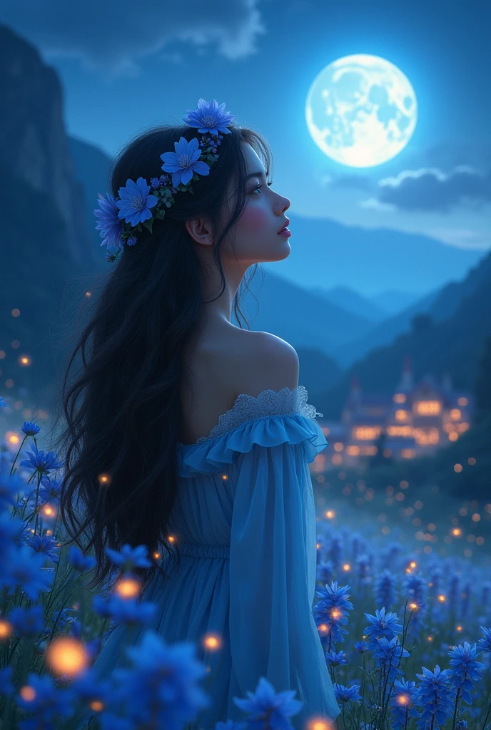 A beautiful valley near village. It's look so beautiful and her eyes is so mesmerising that attract anyone. Her looks so attractive. Her near the blue soft moonlight , blue flowers with lots of
fireflies. Back of girls with beautiful hairs with flower hair exercise