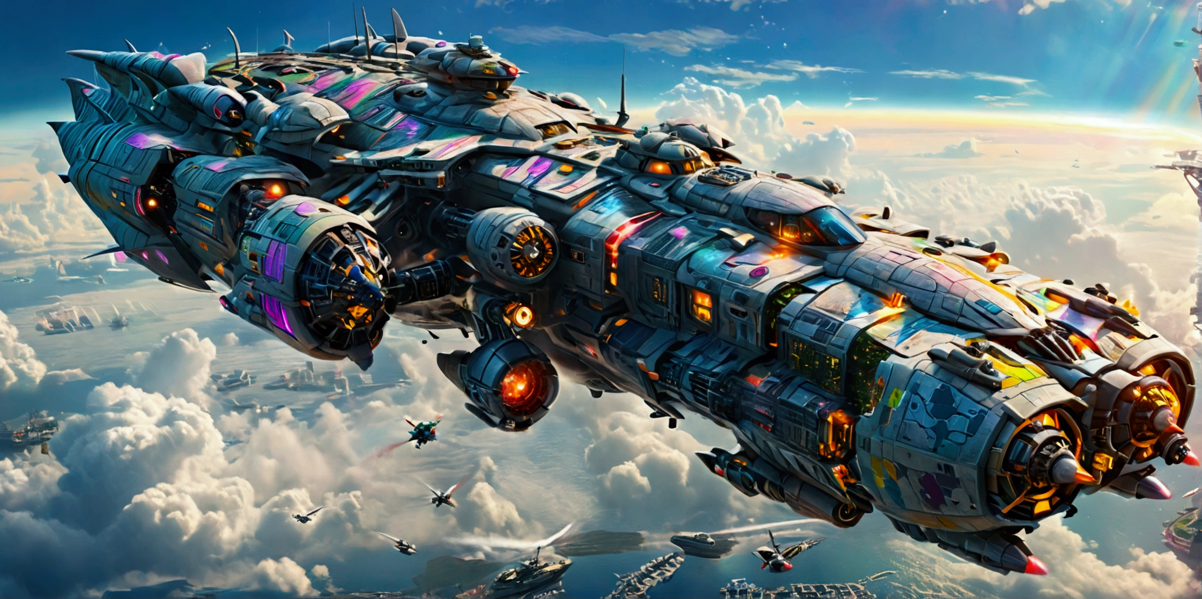 (best quality,ultra-detailed,realistic:1.37), A long wide giant heavily armored divine futuristic flying biomechanical space battleship covered in rainbow batik pattern and glowing javanese runic symbols, (multiple retractable cybernetic spider legs with wheels on the tips), divine halo, flying hovercraft, flying submarine, flying aircraft carrier, flying hotel, flying resort, flying city, flying skyscraper, flying cruise ship, flying yacht, flying castle, flying military base, multiple thrusters, multiple helipad, multiple propeller, mobile headquarters, mobile command center, automatic turrets, missile banks, missile defense system, multi-port rear engine arrays, large pivoted missile pods, anti-air batteries, reactive armour over vital spaces, VTOL thrusters, ventral ground-facing VTOL thruster bays, retractable center cannon, super carrier, sky carrier, space station, floating city, floating castle, white background
