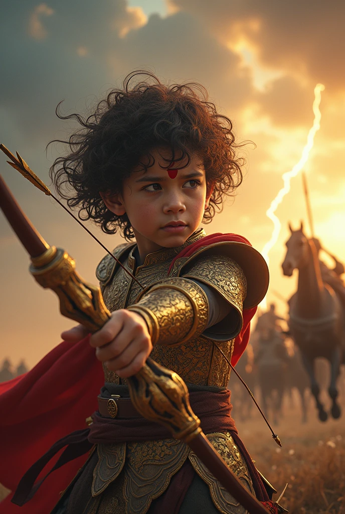 Photo realistic a  with dressed in ornate, golden armor Kavach Kundal, The child is holding a detailed, intricately designed bow, poised to shoot an arrow. The background depicts a dramatic, cloudy sky with lightning, and a battlefield scene with soldiers on horseback. The child has curlyk hair blowing in the wind, and a red mark on their forehead. The image has a cinematic quality with vibrant colors and dynamic lighting,