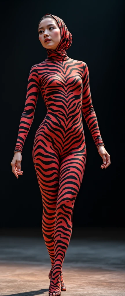 The beautiful taiwan contortion adult girl contortionist with beautiful cheeks wears zebra print full lycra dancewear turtleneck unitard catsuit.She always wear zebra print lycra full hood like a full hijab.