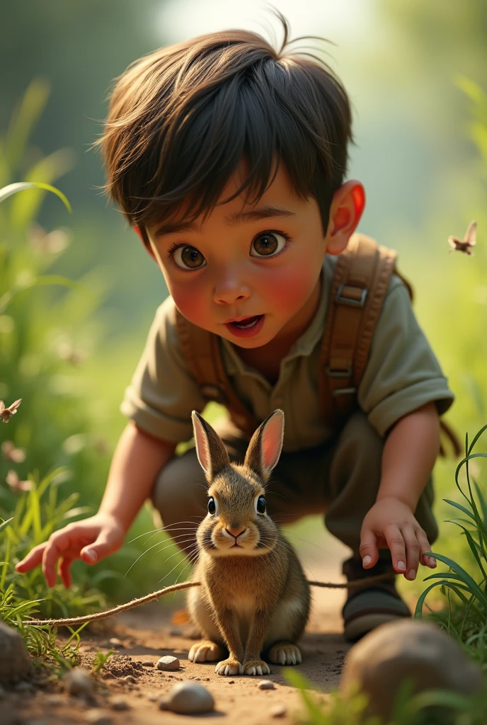 The boy suddenly, he saw a small rabbit that was trapped
