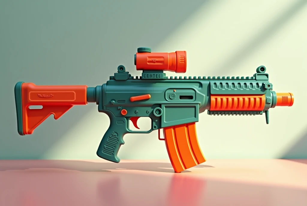 Mini double water gun toy，Integrated rifle mount，There is a buttstock under the muzzle，Q version，Cute pattern on the surface，Transparent magazine and scope recessed，(Similar structure to AK47)，(Double muzzle:1.3)，Smooth lines，Plastic material，Three-color Morandi color matching，high quality，Professional Product Photography，Table background，3d, OC Rendering，8K，