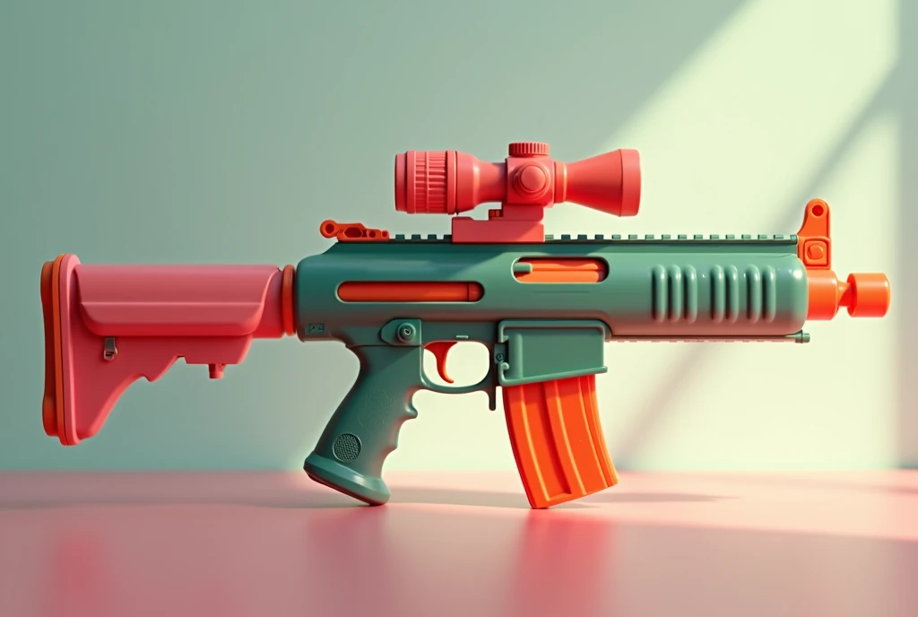 Mini double water gun toy,Integrated rifle mount,There is a buttstock under the muzzle,Q version,Cute pattern on the surface,Transparent magazine and scope recessed,(Similar structure to AK47),(Double muzzle:1.3),Smooth lines,Plastic material,Three-color Morandi color matching,high quality,Professional Product Photography,Table background,3d, OC Rendering,8K,