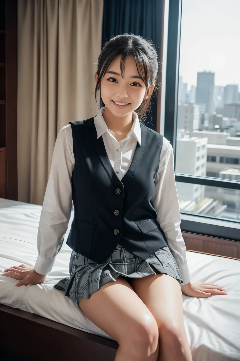 ung girl,very cute and beautiful japanese teenress,highly detailed beautiful face,
office working lady,white blouse,plaid vest,looking at viewer,smile,solo,
sitting on bed sheet,pleated black mini skirt,bag,
hotel room in tokyo,gorgeous furnitures,window,town view,real person,photorealistic,8k,raw photo,