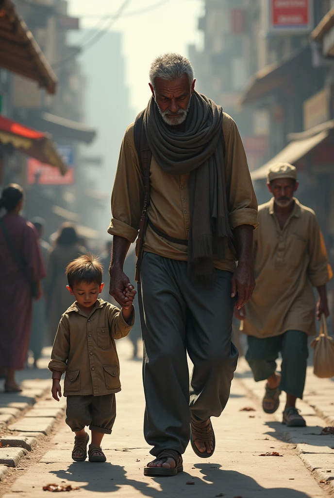 A Poor father walking with his  son in city