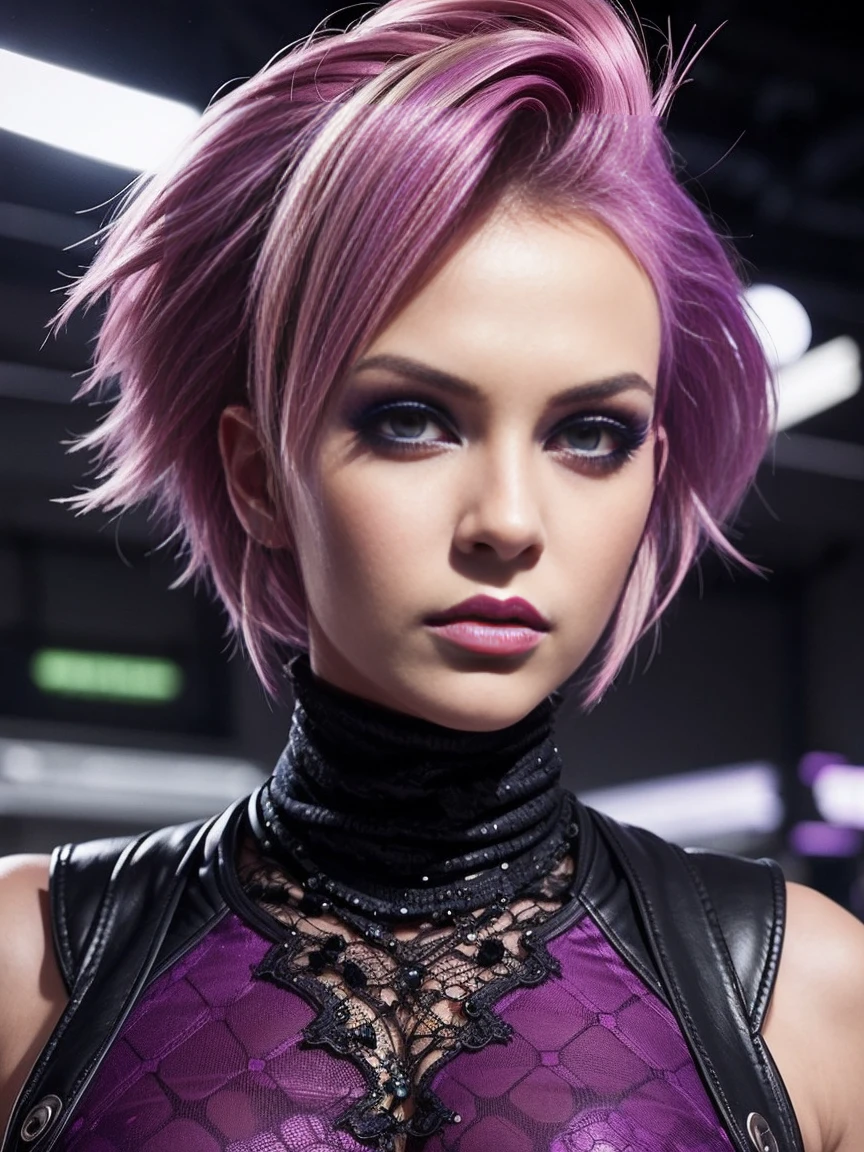 Cyber punk, swedish, purple, blond, mohawk, uneven bob hair, tight short turtle neck shirt, high heels, big , firm, heavy makeup, flirting, lace, intricent details, red, happy, 4