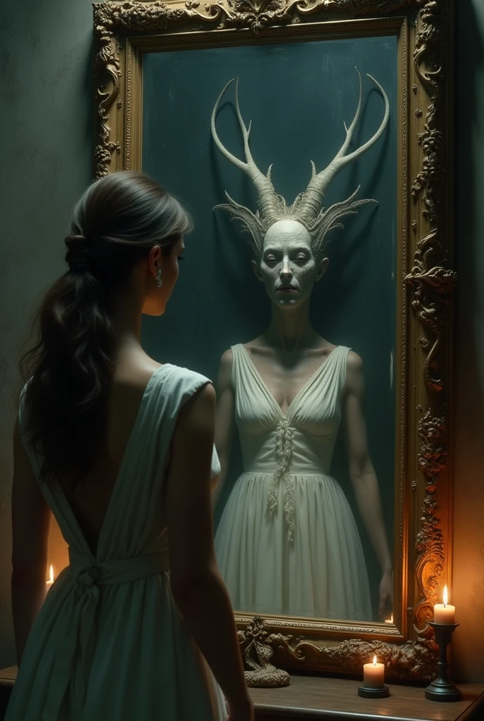 "A beautiful woman stands before an ornate mirror, her expression serene and composed. However, in the reflection, instead of her own image, a terrifying and mysterious creature stares back at her. The scene is set in a dimly lit room with shadows and flickering candlelight, adding a dark, moody atmosphere. The artwork is hyperrealistic and hyperdetailed, capturing every intricate feature of both the woman and the creature in the mirror."