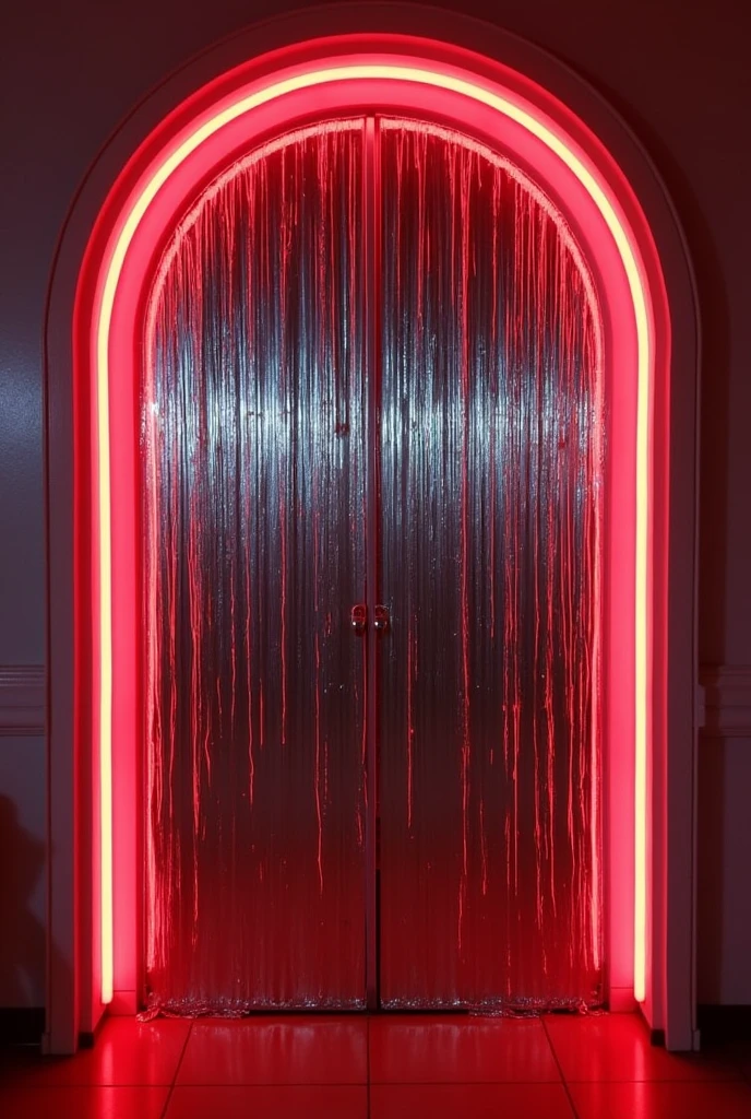 Arched rectangle with silver metallic curtain and red LED light edge