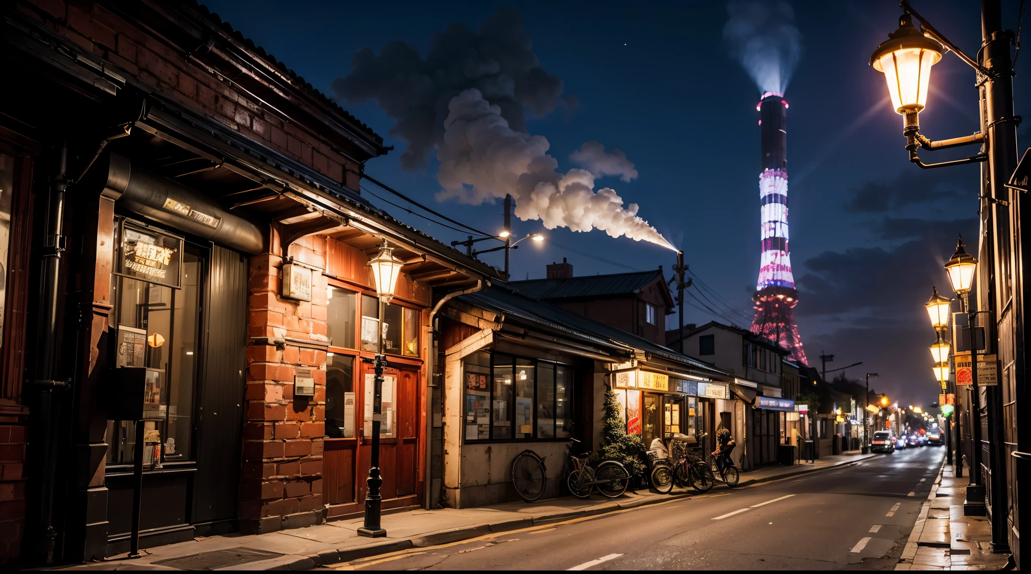 Industrial city, Walling, steampunk, Rusty and heavy, cigarette, cigarette突, factory, gear, mechanical, tall building, tower, The power of steam, Steam pipe, Street lamp, (Cinema Lighting:0.8, Super Detail, bloom)