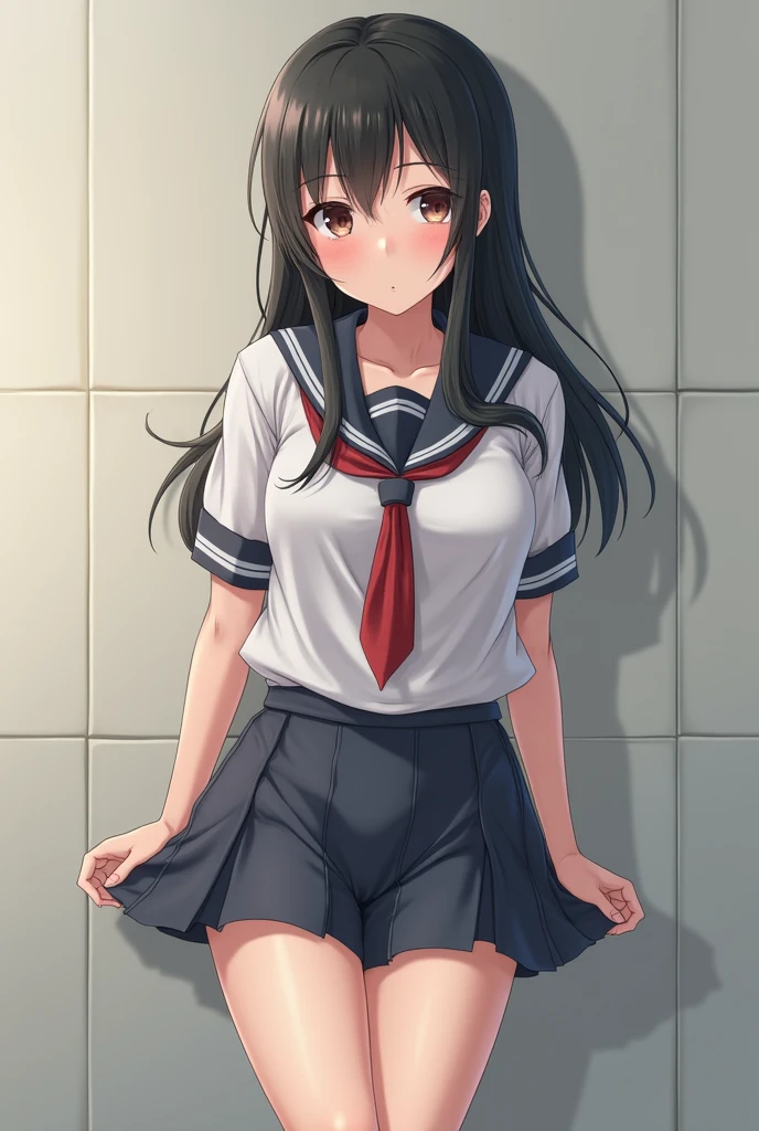 A Japanese woman in a schoolgirl uniform、Open your legs、I'm peeing naked