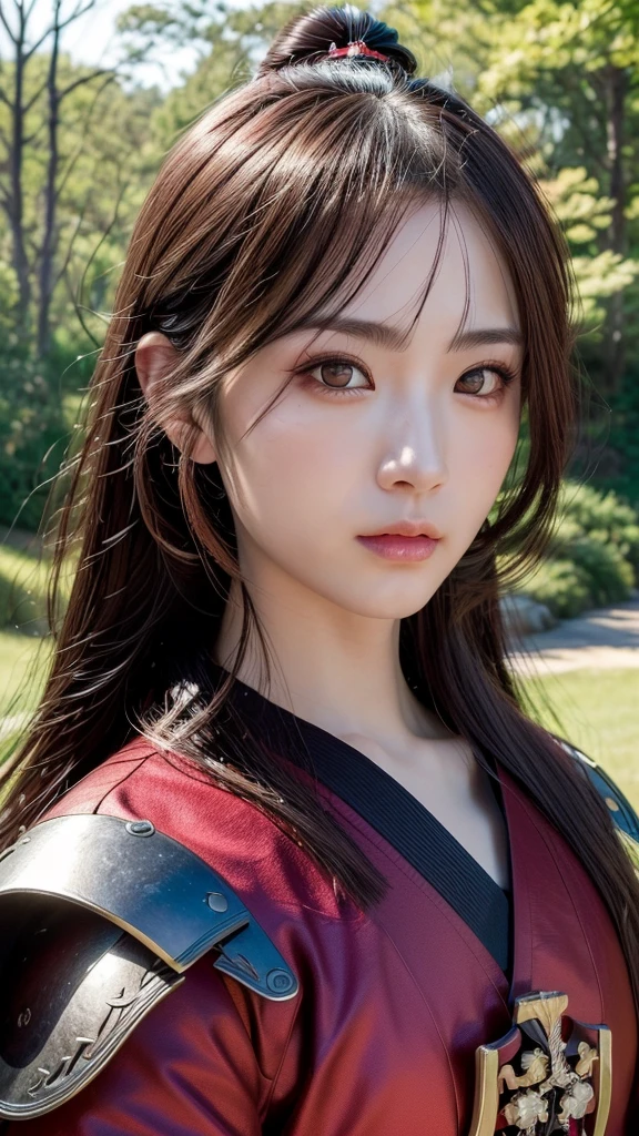 a beautiful japanese female samurai, full upper body portrait, wearing a red samurai armor, long brown hair, pale skin, serious expression, outdoors, hyper realistic, (best quality,4k,8k,highres,masterpiece:1.2),ultra-detailed,(realistic,photorealistic,photo-realistic:1.37),cinematic lighting,dramatic colors,intricate details