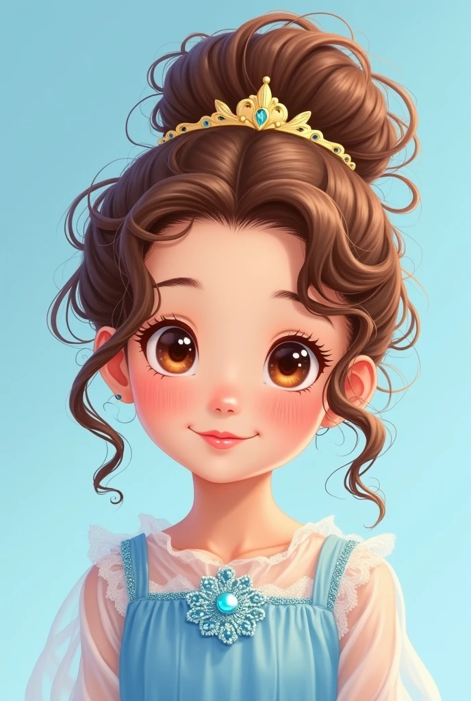 Style manga ou animé, fillette de 6 ans, métisse noire, cheveux chatains bouclés en chignon, un diademe doré dans les cheveux, yeux marrons, robe toute bleue clair avec des paillettes bleues en haut.
Elle sourit, elle a un peu de maquillage sur les yeux