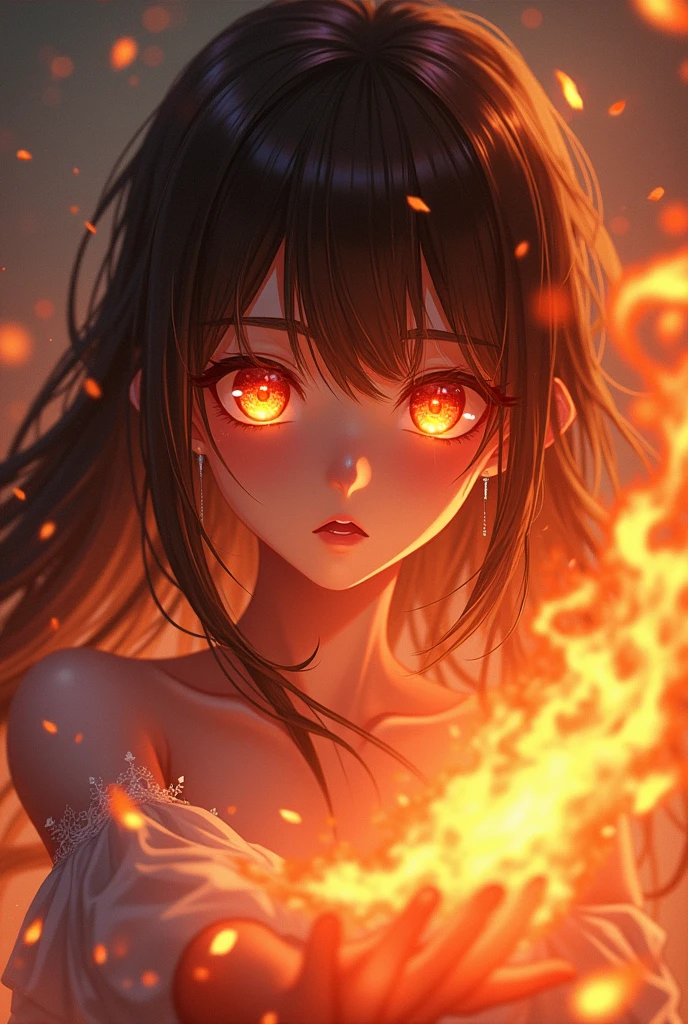 An oil painting that conveys the emotional depth of a girl immersed in the beauty of fire art. Flames of various shades and sizes dance around her, casting a warm glow that illuminates her features. The ashes and glowing particles in the air create an ethereal atmosphere, blurring the boundaries between the mundane and the magical. The girl's expression reflects a mix of concentration and reverence as she engages with the flames, symbolizing the delicate balance between control and surrender. This painting captures a fleeting moment of connection with the primal forces of nature, inviting the viewer to experience the wonder of fire's dance
