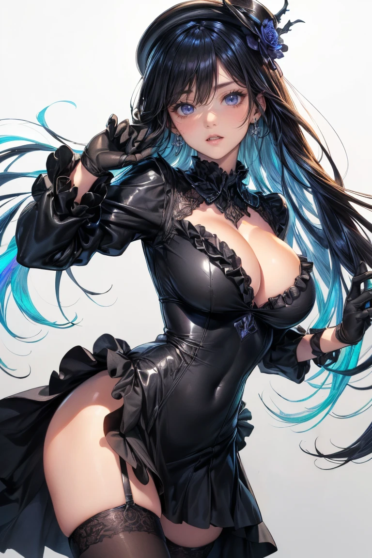 (cowboy shot: 1.5), (white background, simple background: 1.5), (masterpiece:1.5), (big breasts: 1.5), (1 girl: 1.5), young woman, (Beautiful Girl:1.5), (extremely detailed and delicate anime face and eyes:1.5), whole body, (natural light, HDR, extremely details CG:1.3), (dynamic posture: 1.3), {correct body anatomy}, (wide hips: 1.3), (perfect hands: 1.5), single focus, toned body, Beautiful Lips, thick lips, {surreal}, {correct posture}, {minutes details}, {detailed body}, {detailed clothing}, (Bright Eyes: 1.3), (cleavage: 1.3), {accessories}, {sexy}, (Gothic costume: 1.3), Gothic dress, (Floral Frock: 1.3), litlolita dress, black dress, graceful, dark blue clothes, (skirt with lots of frills: 1.3), long frilled skirt, (dress silk overlay: 1.3), frilly dress, (long black lace dress: 1.5), lace, lace rims, frills, (puff sleeves: 1.5), (long sleeves with ruffles: 1.3), (frilled black sleeves: 1.5), embroidery, strapless, (black lace-trimmed legwear: 1.5), (black lace thighhighs: 1.3), blacke legwear, black stocking, garter straps, (beautiful detailed jewel leather collar: 1.5), (black choker: 1.3), (Silk Black Hat: 1.5), earrings, bracelets, (black silk gloves: 1.5), (black frilly gloves: 1.3), pointe shoes, black silk gloves, (extra long hair: 1.5), (shimmer hair: 1.5), glowing hair, (two-tone hair: 1.5), (Iridescent black hair: 1.5), (black hair: 1.3), (Iridescent dark blue streaks: 1.3), (hair houseki no kuni: 1.5), cornrows, (hair between eyes: 1.5), ahoge, (sidelocks: 1.5), (bright Purple eyes: 1.5), (bullish eyes: 1.3), 