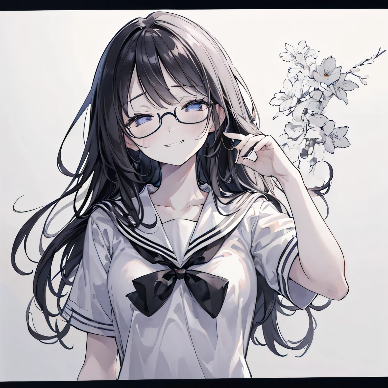 masterpiece, best quality, ultra-detailed, extremely detailed, 4K, 8K, best quality, beautiful, (Line Art:1.3), pencil drawing, traditional media, monochrome, greyscale, (white background:1.2), simple background, upper body, face focus, a cute girl, 1girl, solo, sailor suit, short sleeves, beautiful black hair, beautiful eyes, glasses, (closed eyes), (sad smile:1.2).