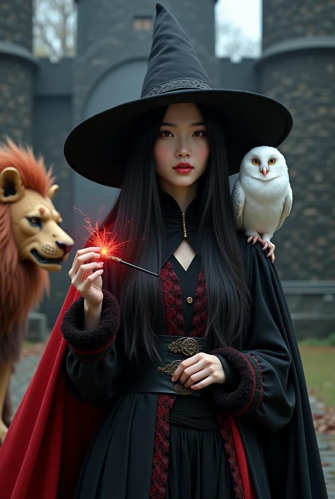 photorealistic photo, asian woman, white skin, Facing straight, Fluffy black hair, Five long, slender fingers on each hand, Black witch cloak, Red Hood, black witch hat, White collared inner shirt, Red and white patterned tie, One hand holds the handle of a small magic wand., There were several red sparks and red smoke coming out of the wood., A white owl stands on the right shoulder., A large golden lion with a red mane appeared from the left back., The background is an old black castle.