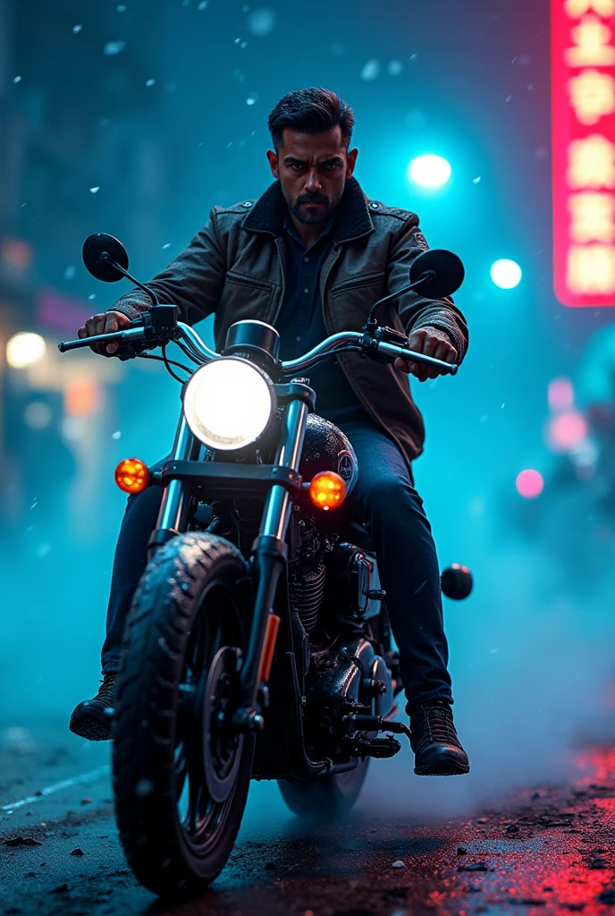 A Indian men on a bike with gun and neon blue and red light with snowfall 