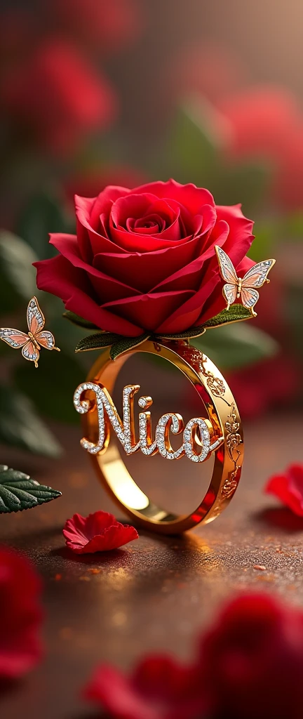"Generate a gold ring with a red rose with the well engraved exact name "NICO "please no spelling mistakes inside the ring with diamond letters in an elegant setting with two crystal butterflies and Swarski rose hd typography"