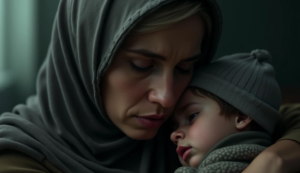 a muslim mother crying and sad wearing hijab,  very sick, emotional portrait, detailed realistic face, detailed facial features, detailed hijab, sorrowful expression, dramatic lighting, moody atmosphere, somber colors, muted tones, cinematic lighting, cinematic composition, digital painting