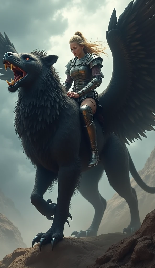 A jet-black griffin with the body of a lion and the head and wings of an eagle, A warrior astride and holding a weapon,
