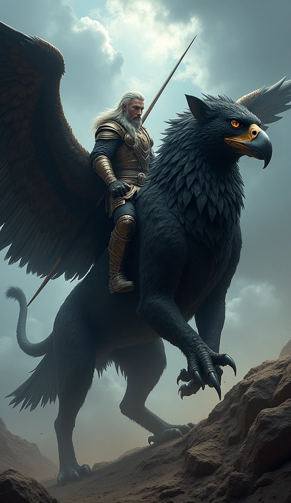 A jet-black griffin with the body of a lion and the head and wings of an eagle, A warrior astride and holding a weapon,