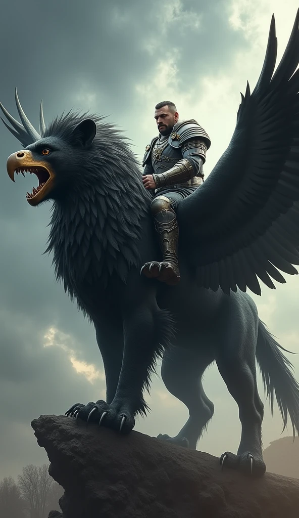 A jet-black griffin with the body of a lion and the head and wings of an eagle, A warrior astride and holding a weapon,