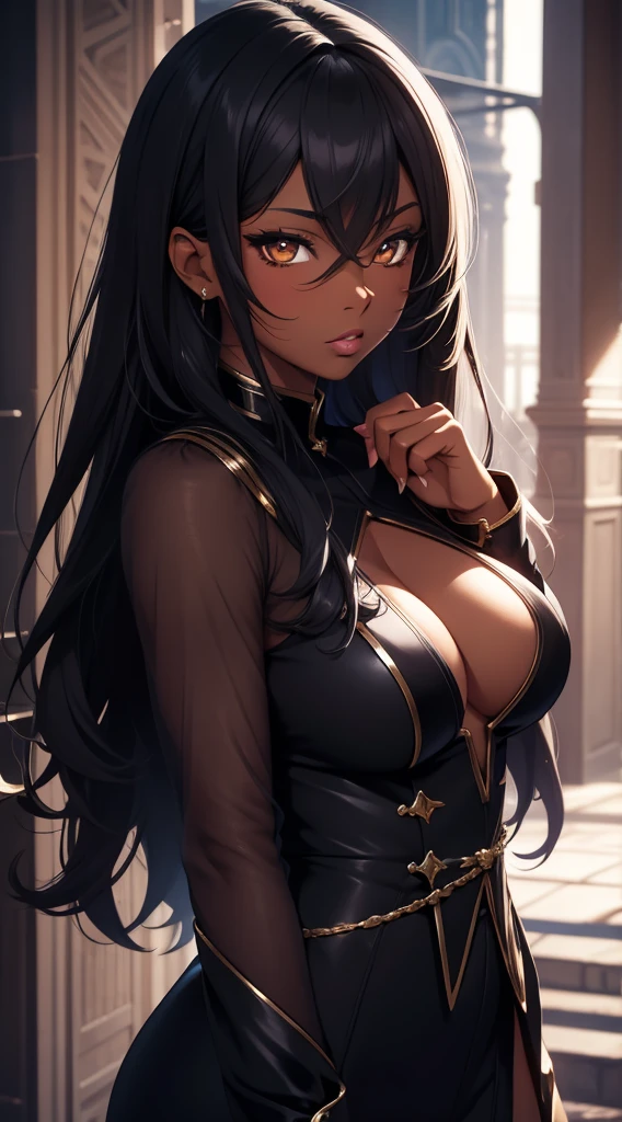 Fantasy, anime girl, dark skin, face portrait, voluminous breasts, lustful face, sexy girl, high detail, Beauty of lips, background, rtx on, color correction, perspective, depth of field, line of sight, tonal colors, 8 K, Full HD, perfectionism, Rim lighting, daylight, soft lighting, Accent lighting, Diffraction evaluation, elegant, black hair, Golden eyes, casual wear , super detailed, masterpiece, Expect