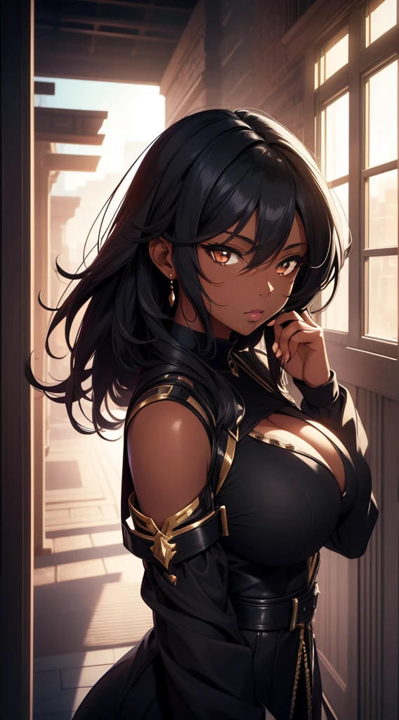 Fantasy, anime girl, dark skin, face portrait, voluminous breasts, lustful face, sexy girl, high detail, Beauty of lips, background, rtx on, color correction, perspective, depth of field, line of sight, tonal colors, 8 K, Full HD, perfectionism, Rim lighting, daylight, soft lighting, Accent lighting, Diffraction evaluation, elegant, black hair, Golden eyes, casual wear , super detailed, masterpiece, Expect