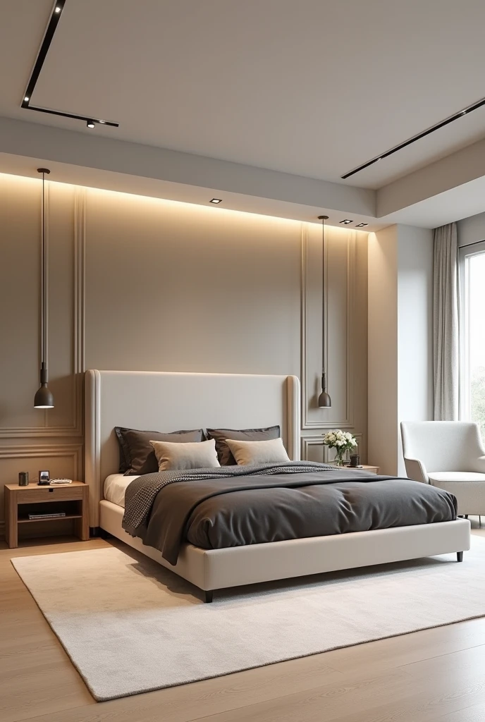 A double bedroom in a contemporary and sophisticated style, with a neutral and light color palette, focusing on beige tones, gray and soft brown. The bed is the central point, with a high, curved headboard, upholstered in a light beige fabric. The bed is covered in dark and light gray bedding., with decorative pillows that complement the neutral palette. The floor is light wood, providing a subtle contrast to the white rug under the bed. The walls are smooth, painted in a light beige tone, with discreet panels that add texture to the environment.Furniture: Beside the bed, there is a simple bedside table in light wood, no drawers, accompanied by a minimalist design lamp. on the other side, there is a chair upholstered in white fabric next to a small side table, also made of light wood, that serves as a work or reading space.Lighting: The lighting is modern, with light tracks embedded in the ceiling, that provide a soft and homogeneous light to the environment. The room is lit mainly by natural light coming in through a window not visible in the image., providing a calm and welcoming atmosphere.detaileds: The décor is minimalist, without exaggerated ornaments, focusing on the harmony of shapes and colors. The design is thought to create a relaxing space, where each element contributes to a cohesive and tranquil look.