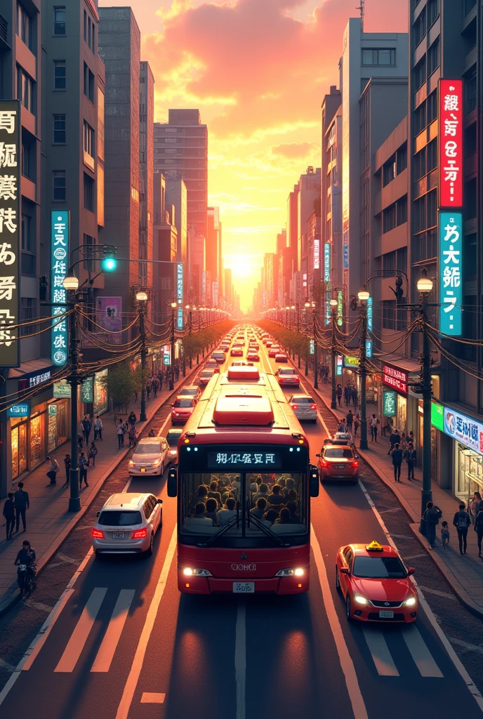 A bustling Japanese city street at dusk, with a crowded bus standing still in the middle of the road.