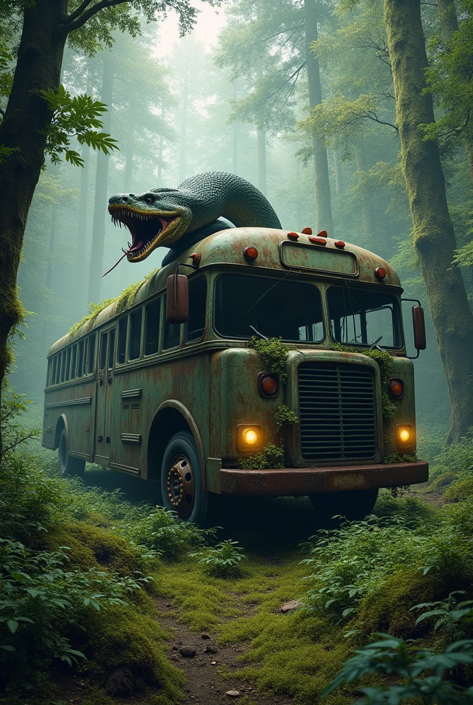 a huge snake coiled around a rusty, mossy bus in the forest