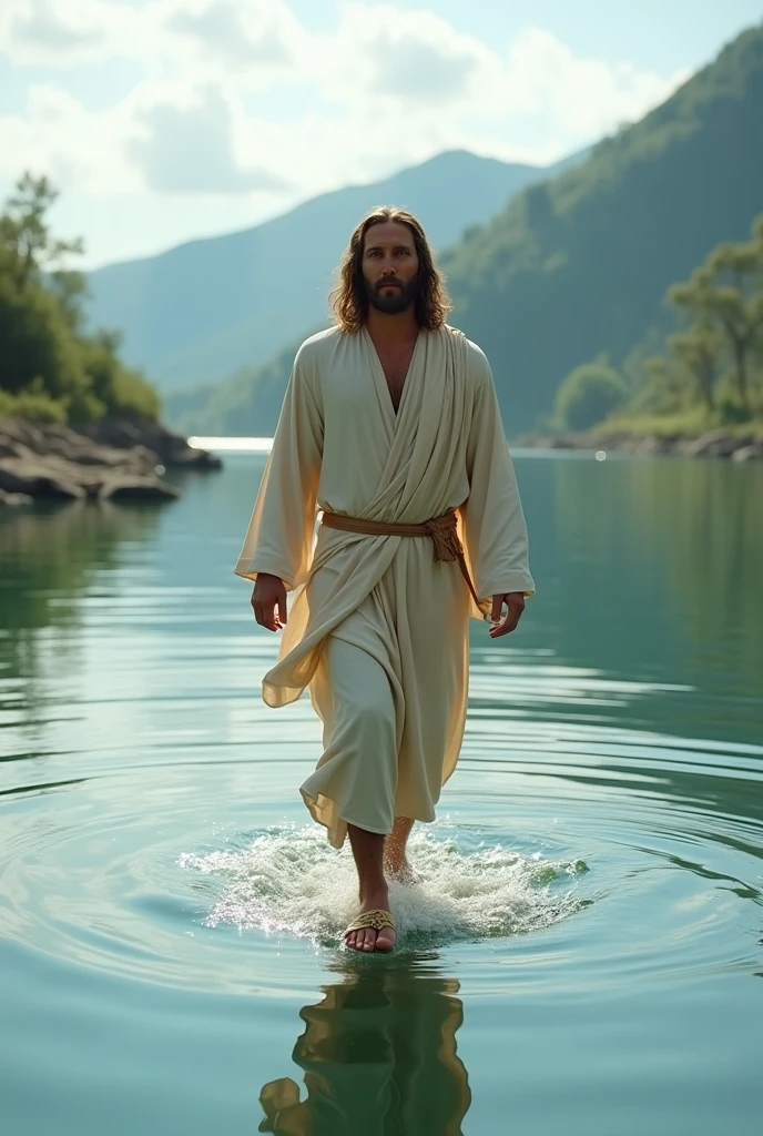 Generate a realistic video of jesus walking on water
