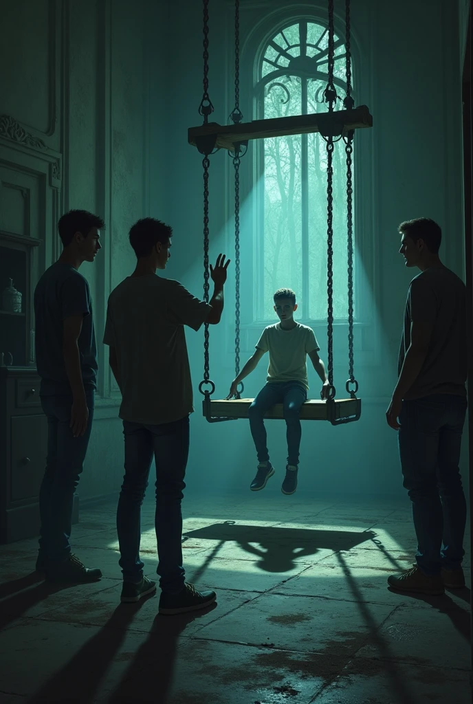 Inside a dimly lit room with a creaking old swing moving on its own. A young man reaches out to touch the swing while the others stand back, looking around nervously. The atmosphere is tense, with shadows dancing on the walls.