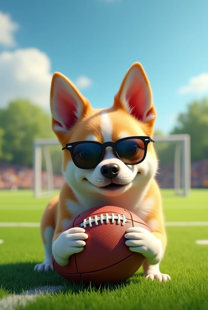 A dog playing football with sunglasses