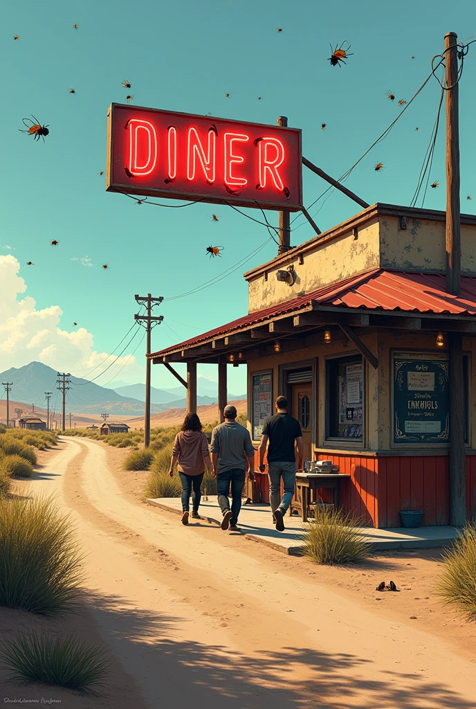 There is a roadside restaurant with many flies.
