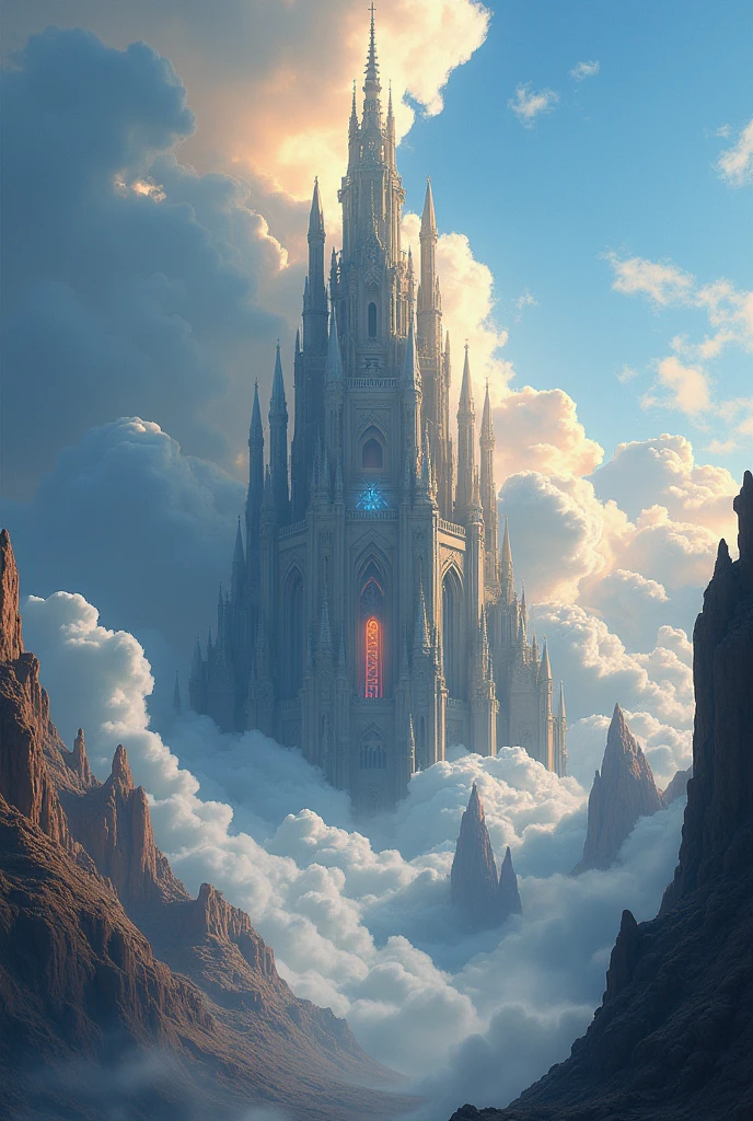 Create me a book cover a cool looking showing a huge tower above the clouds tower needs to be magical with lot of magical power around it