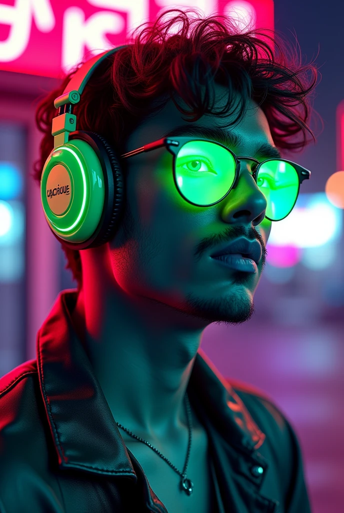 manga japanesse cartoon of a fluorescent green-black color. Light skin Indian male super model  dj . Add green beats headphones,  add the text ¨Rick D´Angle ¨ to the image , totally night view photo with ultra open wide lens photo technic, octane rendering, 8192k ultra hifi