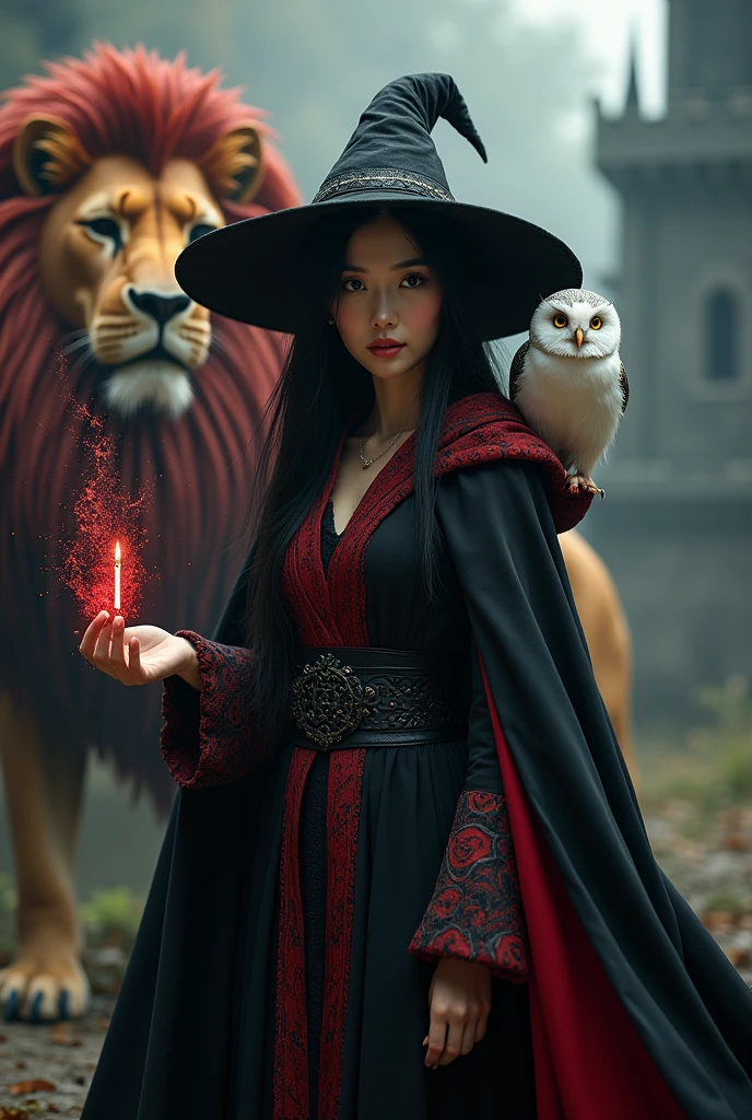 photorealistic photo, asian woman, white skin, Facing straight, Fluffy black hair, Five long, slender fingers on each hand, Black witch cloak, Red Hood, black witch hat, White collared inner shirt, Red and white patterned tie, One hand holds the handle of a small magic wand., There were several red sparks and red smoke coming out of the wood., A white owl stands on the right shoulder., A large golden lion with a red mane appeared from the left back., The background is an old black castle.